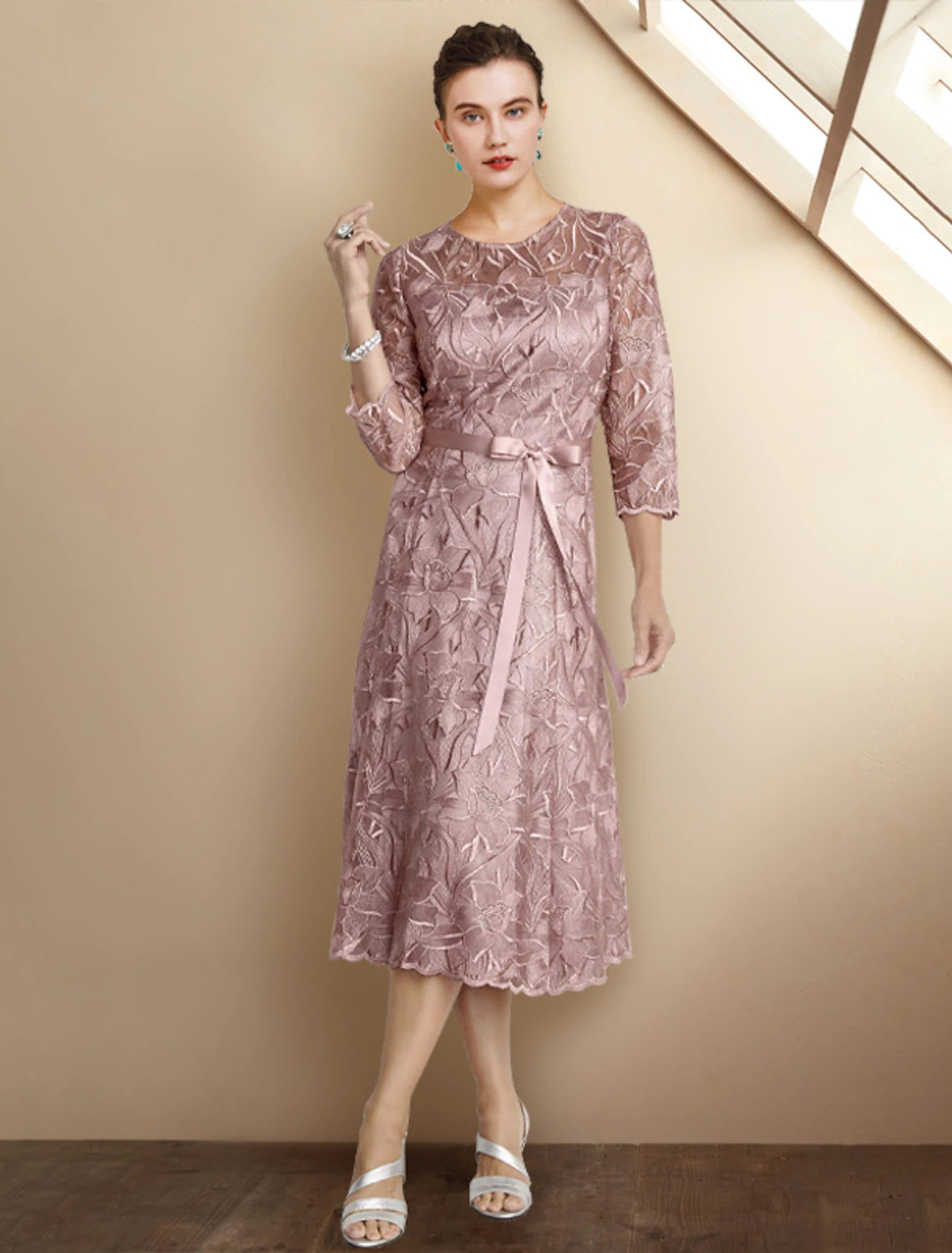 Wholesale  A-Line Mother of the Bride Dress Elegant Jewel Neck Tea Length Lace Charmeuse 3/4 Length Sleeve with Sash / Ribbon Bow(s) Appliques
